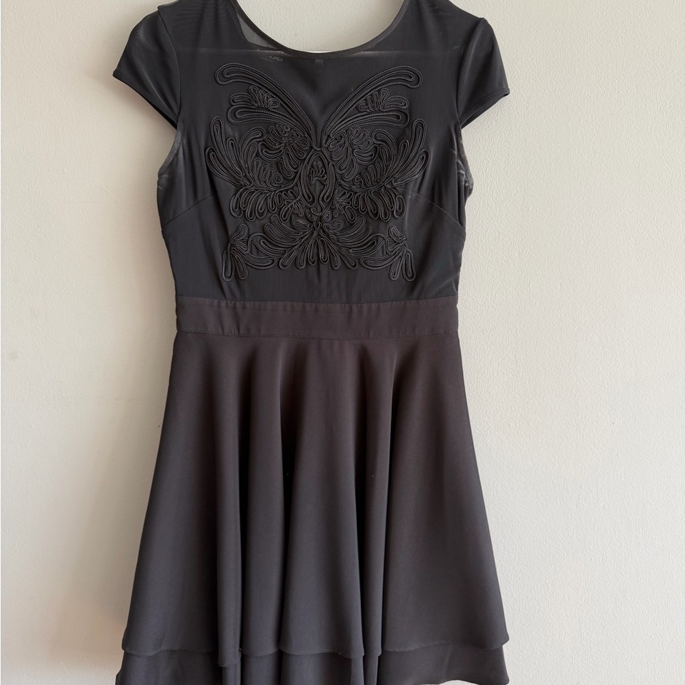 bebe Black Short Sleeve Fit & Flare Mini Dress with Embroidered Bodice